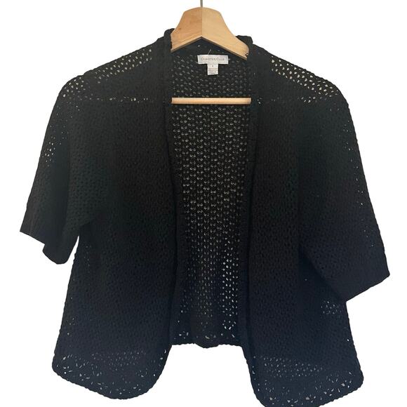 Black Short Sleeve Open Front Knit Cardigan Open Knit Short Sleeve Cardigan - Picture 1 of 5